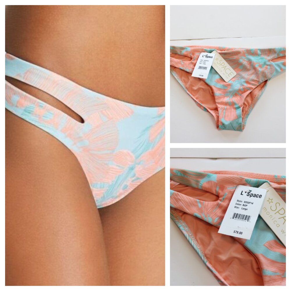 L Space Cutout Bikini Swim Bottom Bungalow Palm Green Large NWT